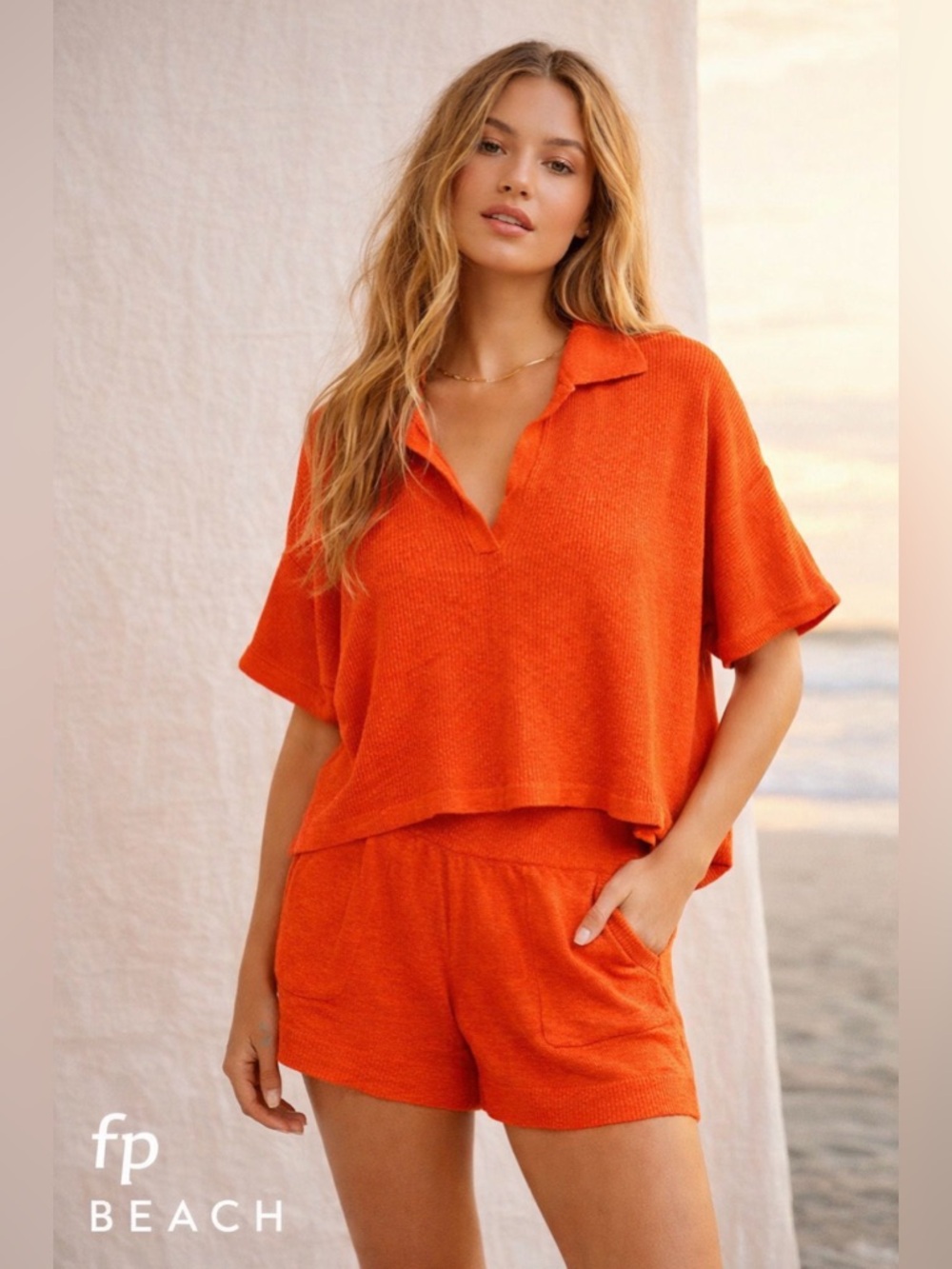 Free People FP Beach Knit Lounge Set Sweater & Shorts Matching Set, Poppy, Small